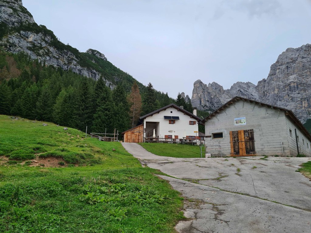 Una vista di un'abitazione rurale circondata da alberi e montagne, con una strada che conduce verso la casa.