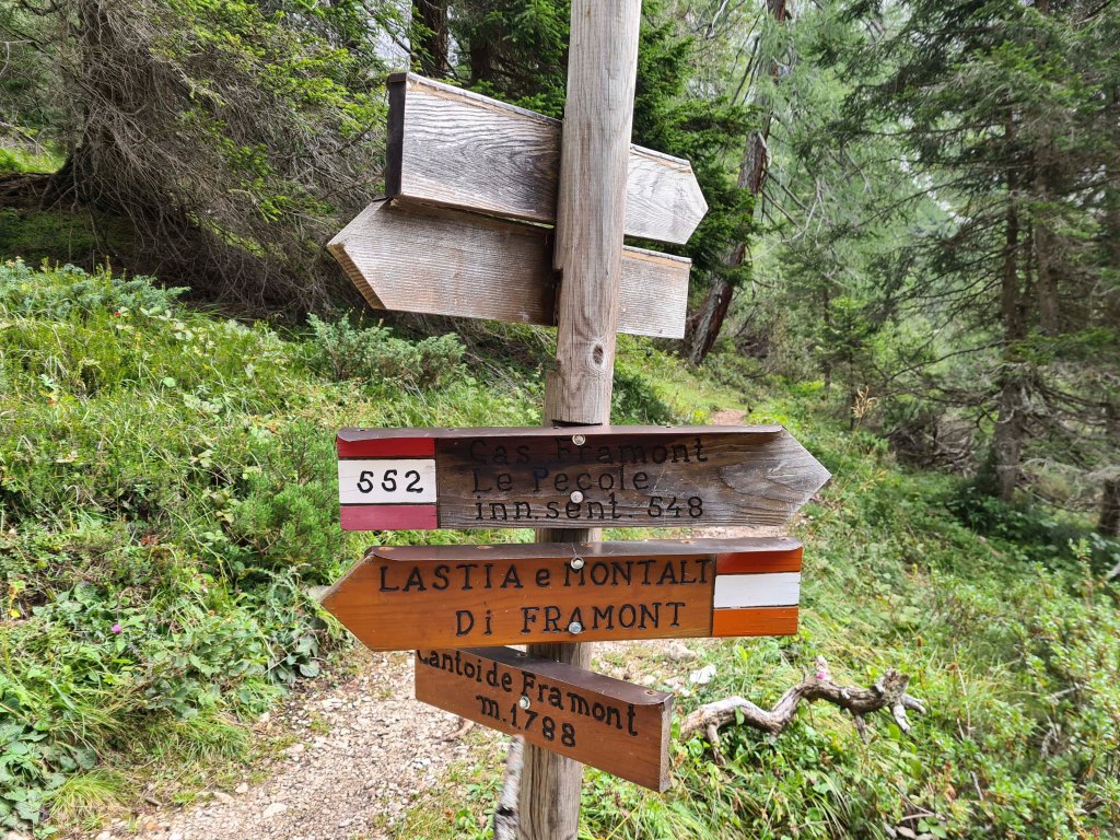 Insegna di legno con diverse direzioni, indicante i sentieri di Cas Framon, Lastia e Montalti di Framon, circondata da vegetazione montana.