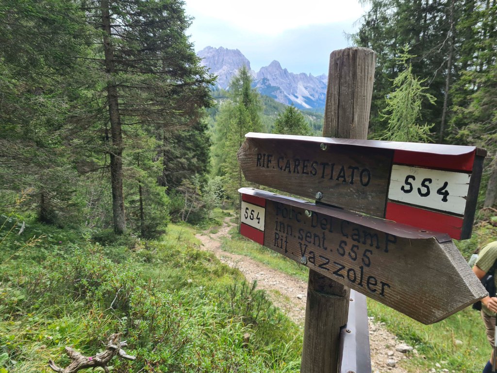 Cartello segnaletico con indicazioni per il Rifugio Carestiato e altre destinazioni nel bosco.