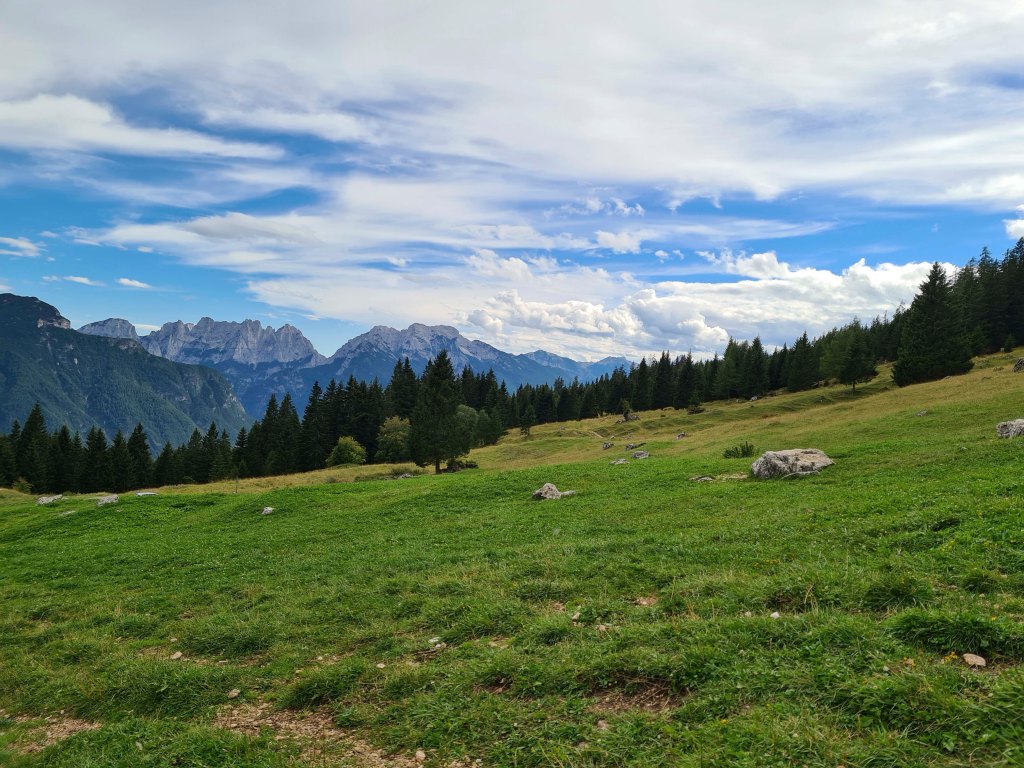 Panoramica di un paesaggio montano con prati verdi, alberi e catene montuose sullo sfondo sotto un cielo parzialmente nuvoloso.